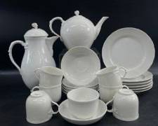 KPM Solid White Porcelain Tea Set Adorned with Porcelain Flower Motif Includes plates saucer Bowl tea kettle

