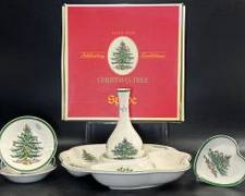 Spode Christmas Holiday Tree Dipping Tray With Original Box, Vase, Heart Shaped Trinket Dish, & Mini Bowls
