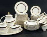 Royal Doulton Harlow  Bone China Dinner Plates, Side Plates, Saucers, Soup Bowls, Tea Cups, Lidded Tea Pot, Creamer, Lidded Sugar Jar, & Tray
