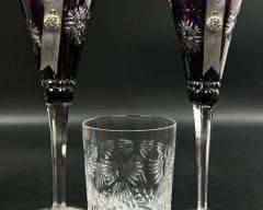 Fine Waterford Crystal Pair Of Wishes Amethyst Health Flute Glasses & Waterford Birds In Flight Old Fashion Crystal Glass
