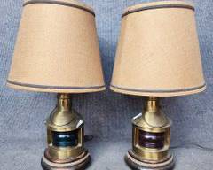 Pair Vintage Nautical Pulley Table Lamps Solid Wood brass anchors with Linen Shades
