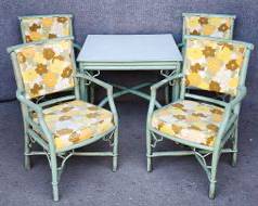Vintage Bamboo and Rattan Card Table or Dining Table & 4 Dining Chairs High Quality with orig textile
