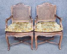 Wonderful Pair of Vintage Hand Carved Cane Back French Arm Chairs with Upholstered with Removable Seats

