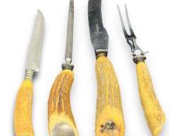 Antique George Wostenholm EXL Sheffield antlers sterling silver and Stainless Steel carving set as well as a Ja Henkel Stainless Steel steak knife
