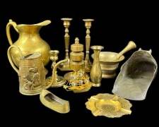 Vintage Large Brass Lot including pitchers, ash tray, decorative boot, candle sticks
