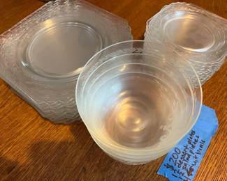 Clear etched glass dishes, 12 dessert plates, 12 salad plates & 4 fruit bowls