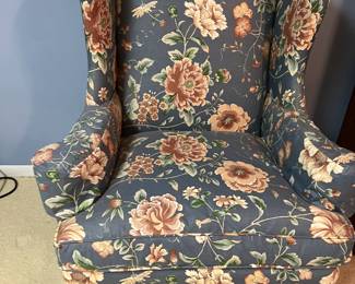 Wingback chair in country blue & peach floral print