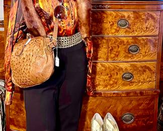 ESCADA AUTUMN FLAME SILK SHIRT.  NOTICE THE OSTRICH HANDBAG!
