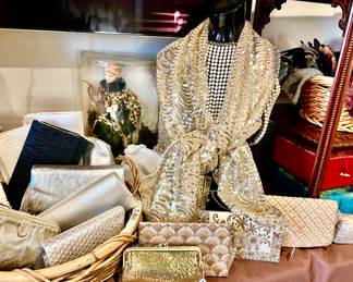 LOTS OF MESH, SEQUINED CLUTCHES AND EVENING BAGS.  WHITING AND DAVIS AND MORE.