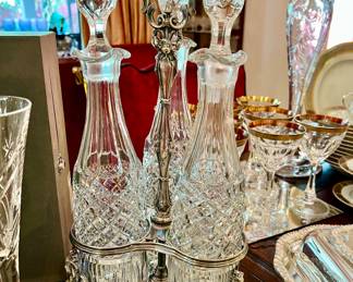 3 PIECE DECANTER SET WITH SILVER HOLDER