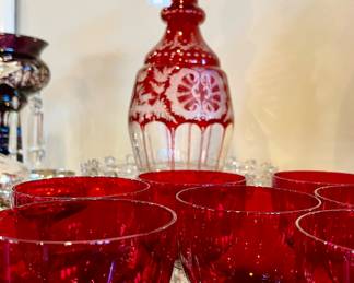 RUBY CUT TO CLEAR CZECH DECANTER.