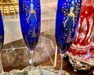 COBALT ERTE "STARSTRUCK" CHAMPAGNE FLUTES SOLD IN PAIRS.