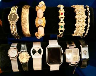 VINTAGE AND MODERN WATCHES INCLUDING APPLE WATCH, PIAGET MOTHER OF PEARL AND CONCORD WATCH.  JUDITH RIPKA AND KENNETH J LANE BRACELET.