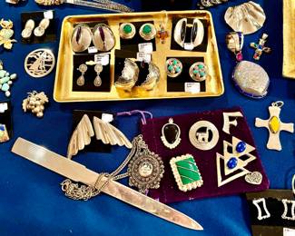 sterling letter opener, brocches, pendants, turquoise.
