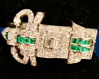 VINTAGE C1950S PLATINUM, 14K EMERALD AND DIAMOND BRACELET.