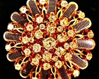 HARD TO FIND VICTORIAN C1860 14K FLOWER BROOCH WITH OLD MINE CUT DIAMONDS AND ENAMEL WORK.