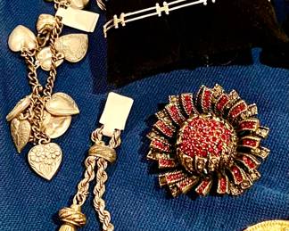 James Avery Sterling, TANE Mexican sterling and brooches.  Victorian puffy heart sterling bracelet.