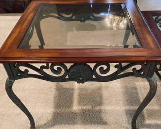 Living Room Table Set. Wood, Glass Top with Iron Legs & Frame.