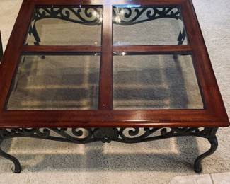 Living Room Table Set. Wood, Glass Top with Iron Legs & Frame.