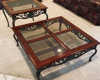 Living Room Table Set. Wood, Glass Top with Iron Legs & Frame.