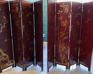 Hand Decorated Wood 4 Panel Asian Screens. 2 Available.
