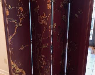 Hand Decorated Wood 4 Panel Asian Screens. 2 Available.