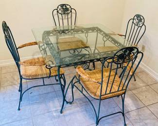 Vintage Iron Glass Top Dining Table w/Iron Cane Chairs.