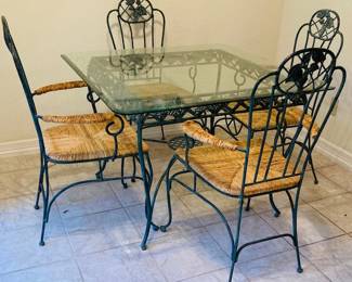 Vintage Iron Glass Top Dining Table w/Iron Cane Chairs.