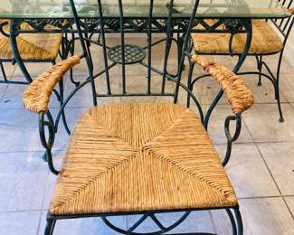 Vintage Iron Glass Top Dining Table w/Iron Cane Chairs.
