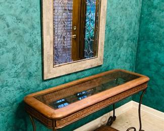 Large Hall Mirror and Wood Glass Top Iron Console Table.