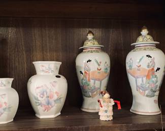 Vintage Chinese Painted Jars and Vintage Aynsley Fine English Bone China Vases.