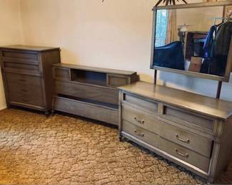 MCM Witz Bedroom Set. Headboard, Footboard, Dresser, Mirror and Four Drawer Chest.