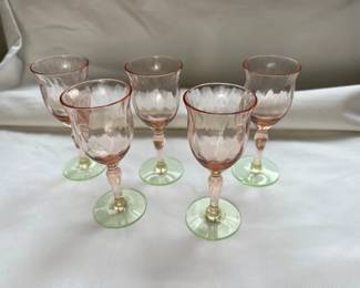 Five "Watermelon" Depression Cordial Glasses With Uranium Base