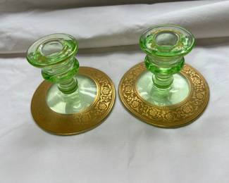Phenomenal Pair Of Gold Rimmed Uranium Glass Candlesticks