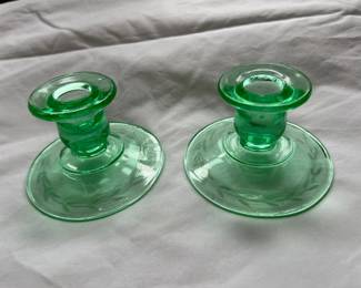 Green Uranium Glass Candleholders With Floral Etching