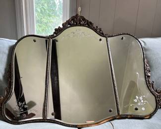Antique Nurre Maestro Etched Tri-part Mirror