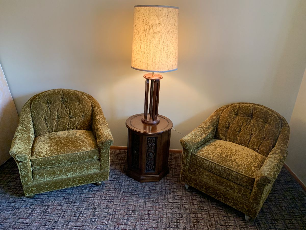 Mid century modern barrel chairs, drum table, mid century lamp