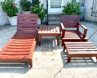 $500; 32 x 80 x 34; Restoration Hardware teak chaise lounge with cushion; shown without cushion                                                                                             $300; 27 x 27 x 18; Restoration Hardware teak coffee table;                                                                                                                   $500; 31 x 29 x 31 (chair); 31 x 22 x 19 (ottoman); Restoration Hardware teak chair and ottoman with cushions; shown without cushions