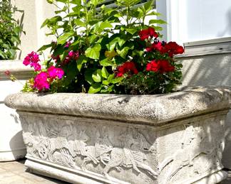 $400 each (two available); large, rectangular, concrete planters with chariot details; you move
