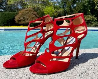 $150; red suede strappy Jimmy Choo pumps with back zipper; size 38.5