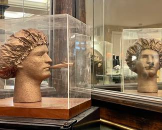 $50; 17 x 12 x 16; gold head with shower cap and kazoo in acrylic box;  One-of-a-Kind!!!