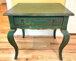 $150; 26 x 22 x 24; distressed green occasional table with drawer