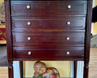 $250; 23 x 14 x 9; hand-painted Chinoiserie, porcelain footbath;                                                                                                                        $200; 30 x 18 x 40; 4-drawer tall boy chest with open, bottom shelf and brass pulls;                                                                     $100; 14 x 7 x 11; wood carved sleeping boy on watermelon