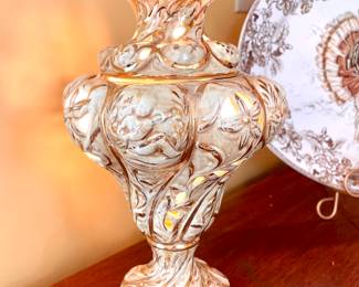 $100; 7 x 15; vintage Capodimonte Angel urn porcelain table lamp with lid and holes for the light