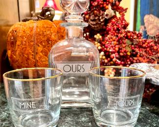 $60; "Yours" "Mine" "Ours" decanter and two glass set;                                              $28; pumpkin decor