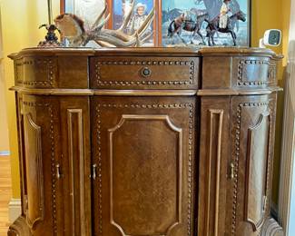 $150; 48 x 19 x 36; 3-door, 1-drawer console/bar with faux leather look and faux rivets;                                                                    $48 each (2 available); deer antlers;                                                              