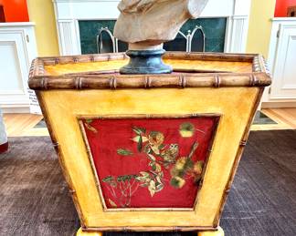 $550; 43 x 43 x 28; large, pentagonal-shaped, hand-painted, chinoiserie style display table or stand; very unique; slight scratches on top