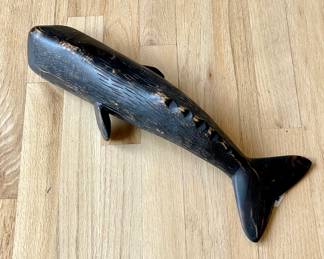 $80; 17 x 6 x 4; carved, painted wooden whale 