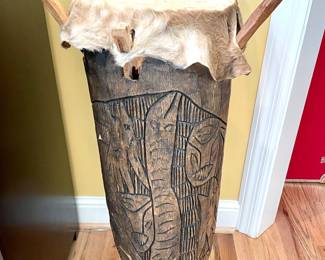 $250; 19 x 38; authentic hide, hand-carved drum