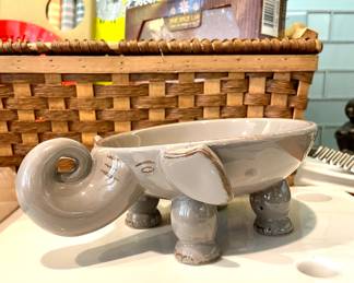 SOLD; 9 x 3; whimsical, glazed ceramic, elephant bowl